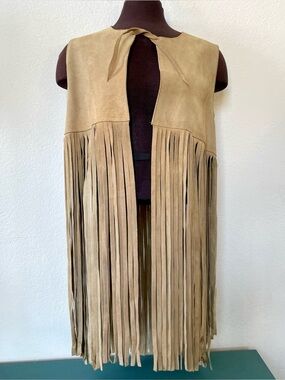 Vintage Suede Fringe Vest 70s Boho Western Festival Coachella Taupe Beige